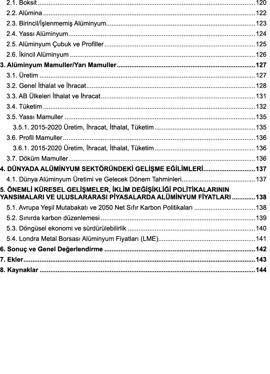 2 1  Boksit 120 2 2  Alümina 122 2 3  Birincil İşlenmemiş Alüminyum 123 2 4  Yassı Alüminyum 124 2 5  Alüminyum Çubuk   